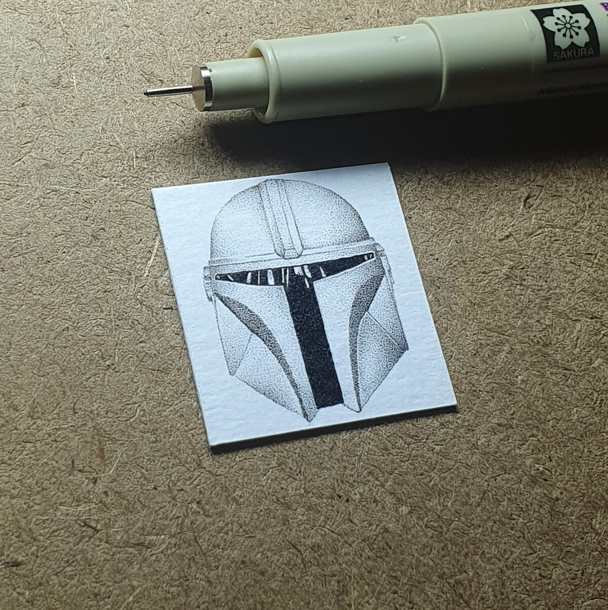 Miniature drawing 1 inch pointillism boba fett
