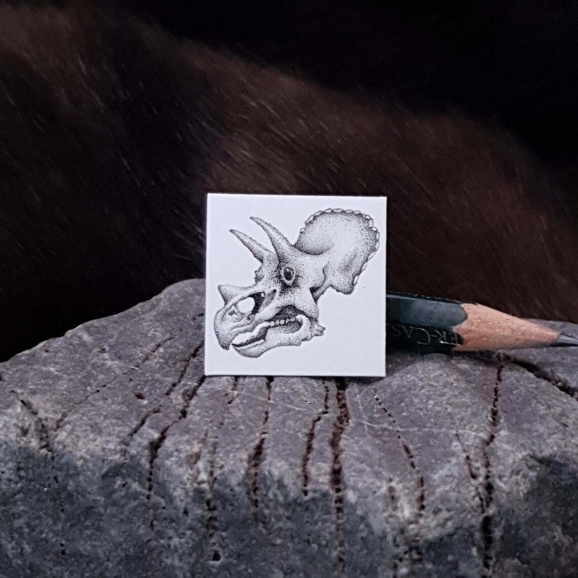 Miniature drawing 1 inch pointillism triceratops skull fossil