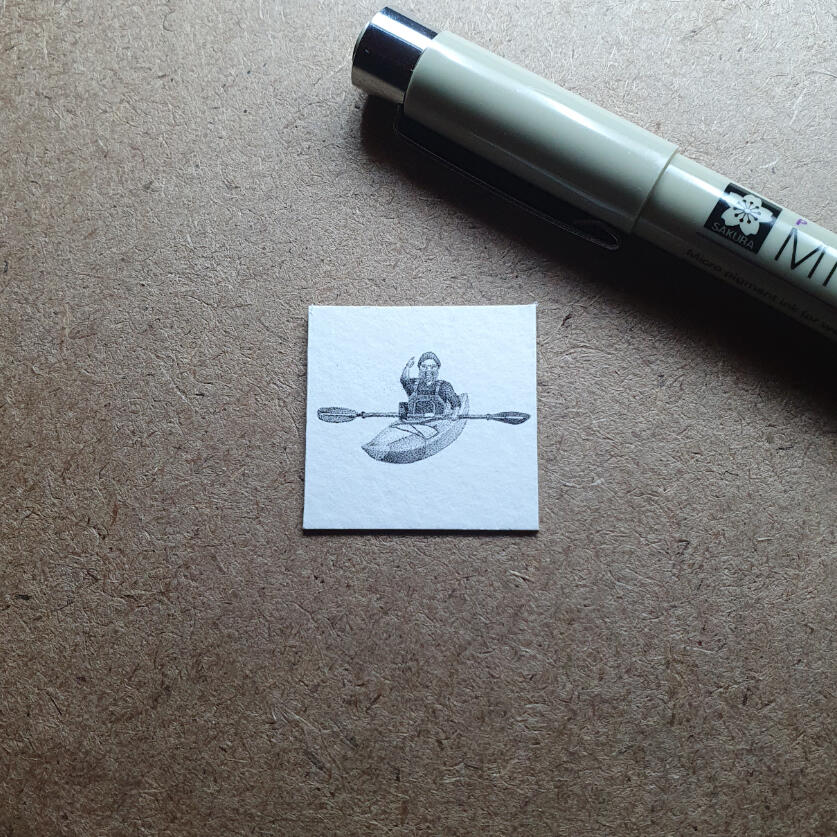 Miniature drawing 1 inch pointillism kayak canoe waters ports