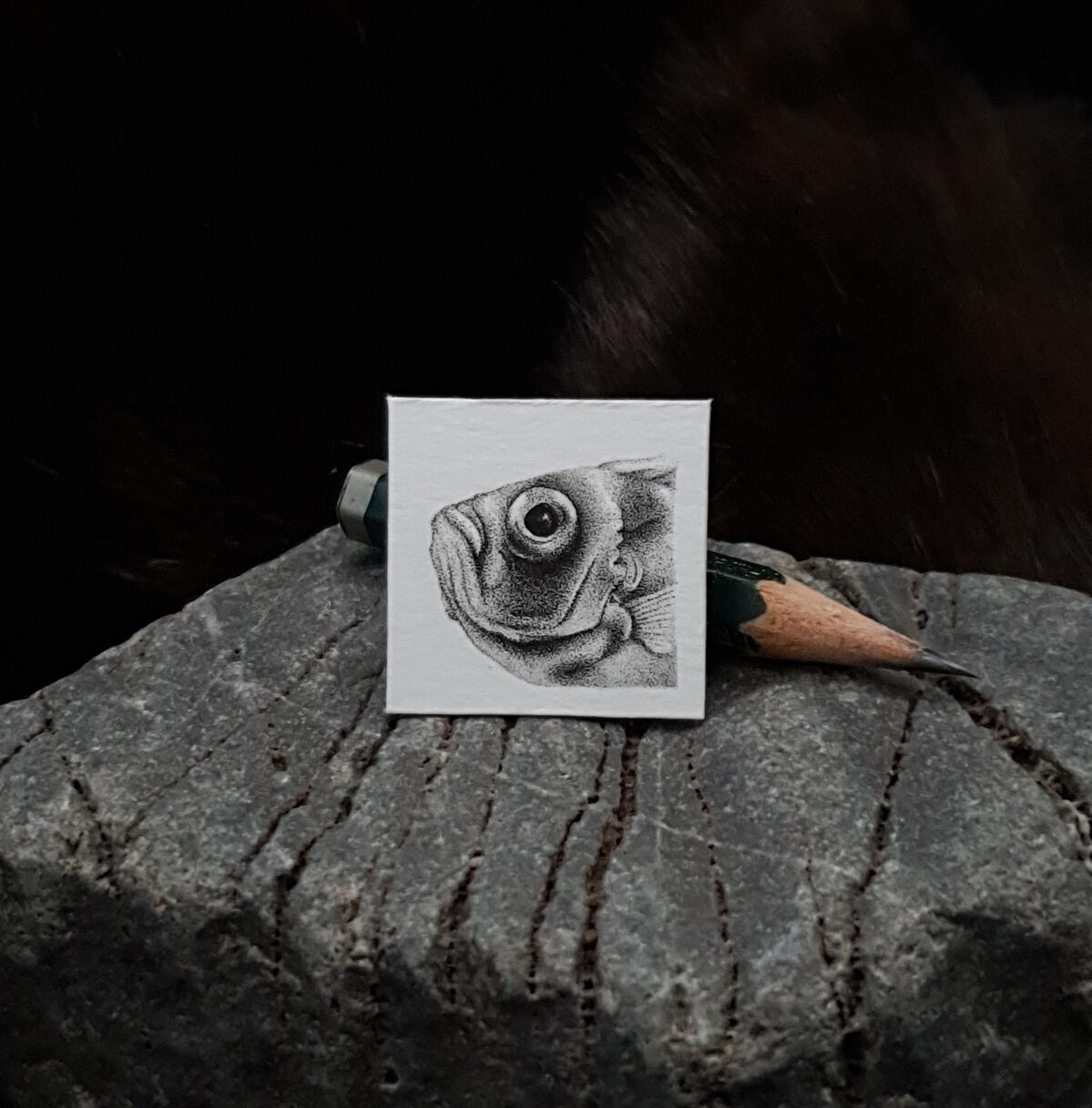 Miniature drawing 1 inch pointillism fish